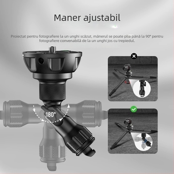 Cap Pan/Tilt pentru trepied – aliaj de aluminiu, 180° vertical, 90° orizontal, bază cu axă centrală