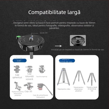 Cap Pan/Tilt pentru trepied – aliaj de aluminiu, 180° vertical, 90° orizontal, bază cu axă centrală