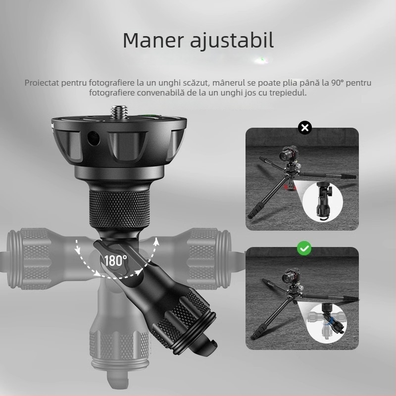 Cap Pan/Tilt pentru trepied – aliaj de aluminiu, 180° vertical, 90° orizontal, bază cu axă centrală