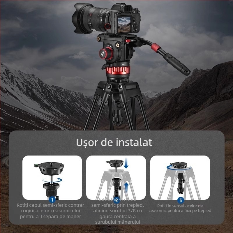 Cap Pan/Tilt pentru trepied – aliaj de aluminiu, 180° vertical, 90° orizontal, bază cu axă centrală