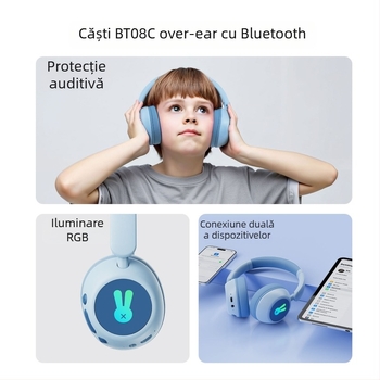 Căști wireless pentru copii, peste urechi – Bluetooth 5.0, cip Qualcomm, rază 10 m, autonomie >8 ore, IPX6