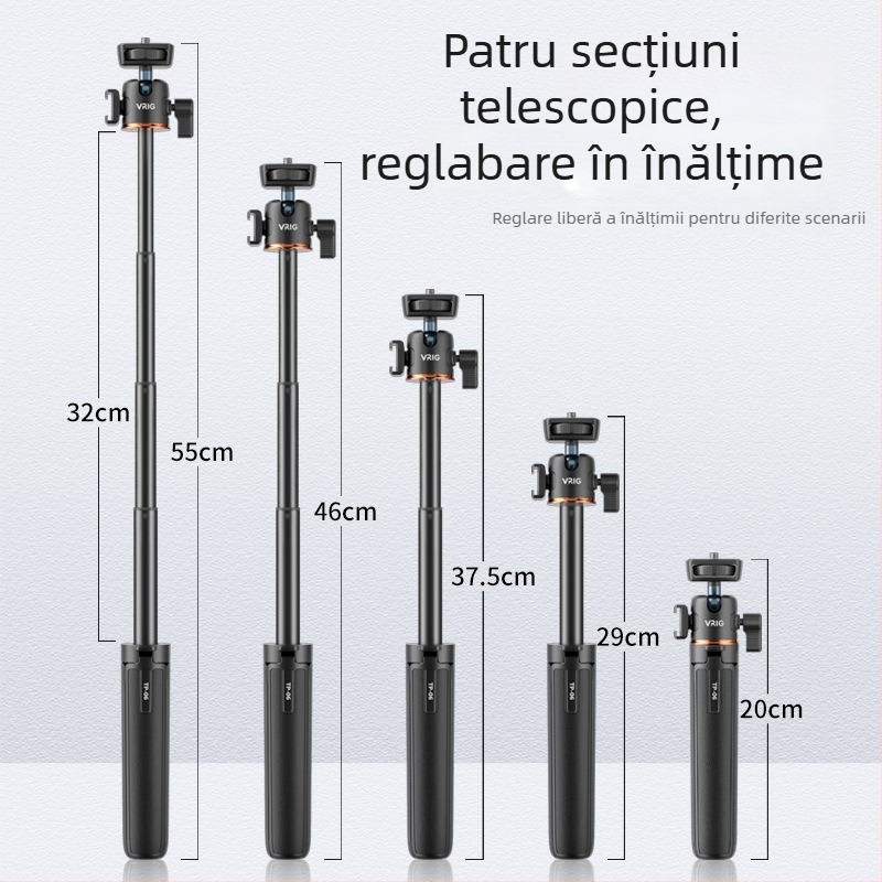 VRIG TP-06 Trepied din aluminiu cu cap sferic, patru secțiuni, extensibil, capacitate de încărcare până la 2 kg