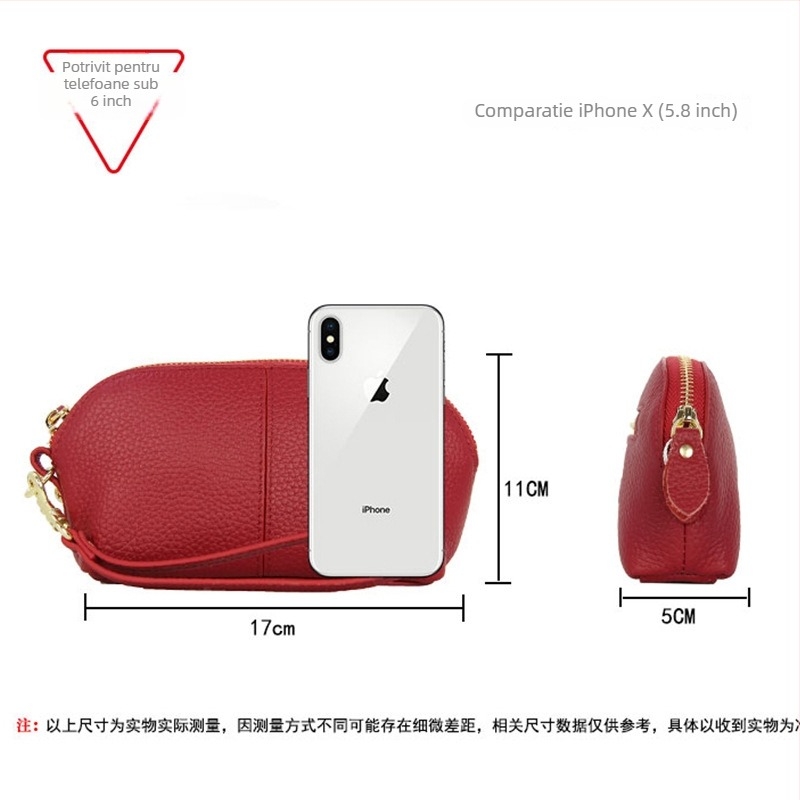 Portofel lung pentru femei din piele naturală, husă tip scoică, închidere cu fermoar, căptușeală poliester, piele din primul strat