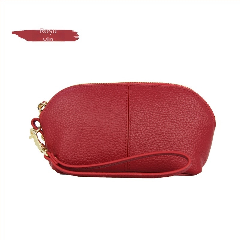 Portofel lung pentru femei din piele naturală, husă tip scoică, închidere cu fermoar, căptușeală poliester, piele din primul strat