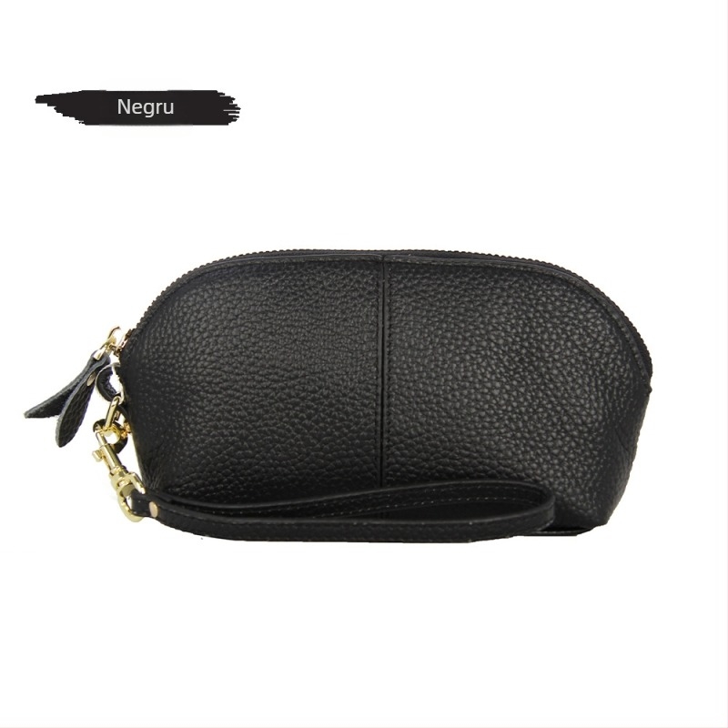 Portofel lung pentru femei din piele naturală, husă tip scoică, închidere cu fermoar, căptușeală poliester, piele din primul strat