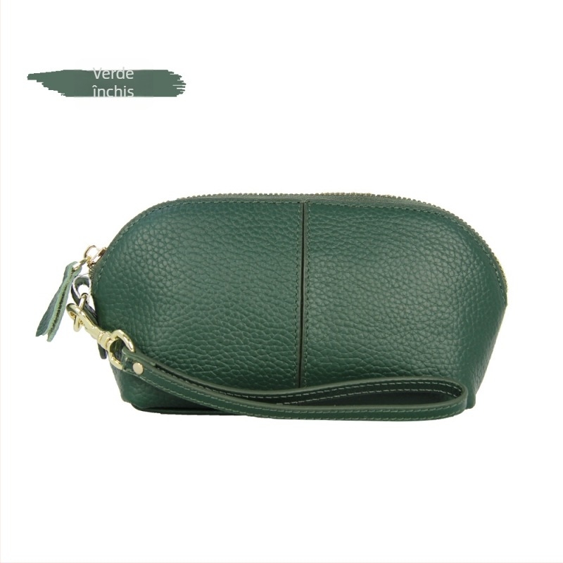 Portofel lung pentru femei din piele naturală, husă tip scoică, închidere cu fermoar, căptușeală poliester, piele din primul strat