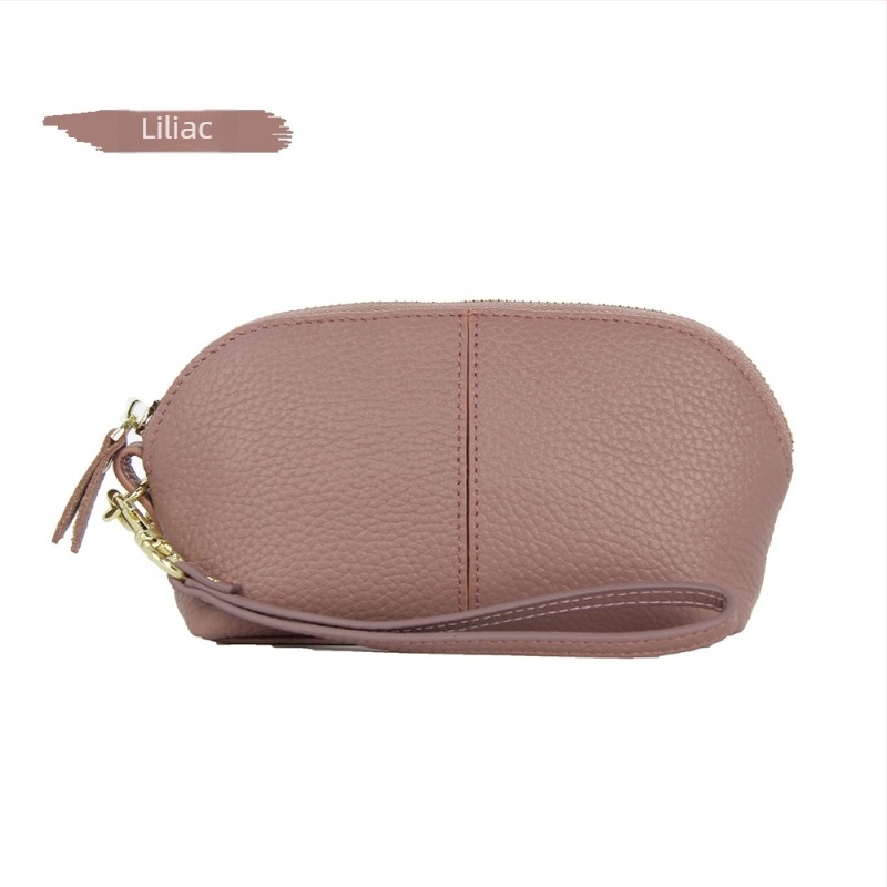 Portofel lung pentru femei din piele naturală, husă tip scoică, închidere cu fermoar, căptușeală poliester, piele din primul strat