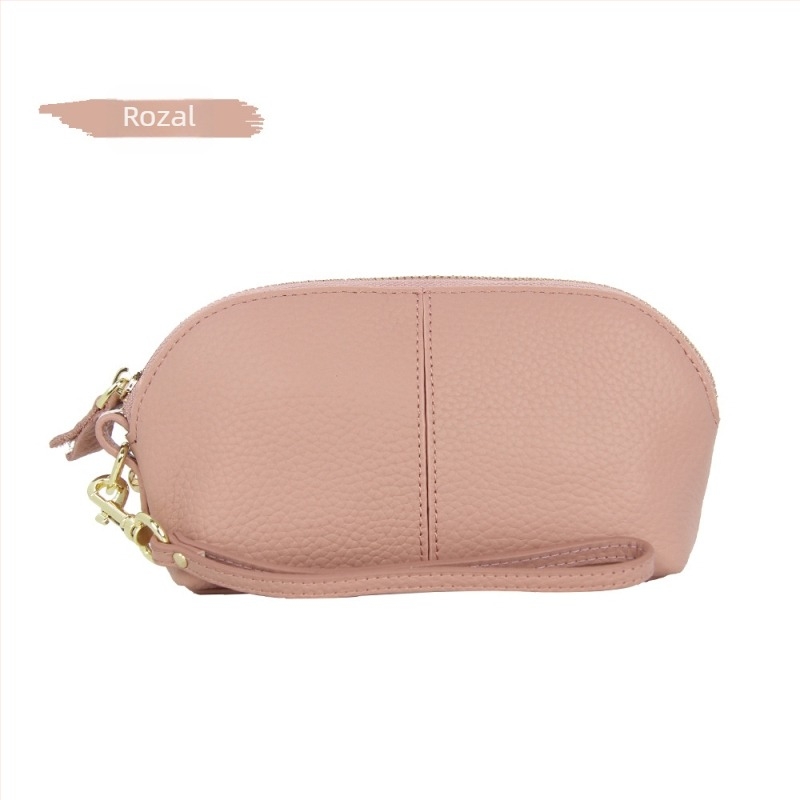 Portofel lung pentru femei din piele naturală, husă tip scoică, închidere cu fermoar, căptușeală poliester, piele din primul strat