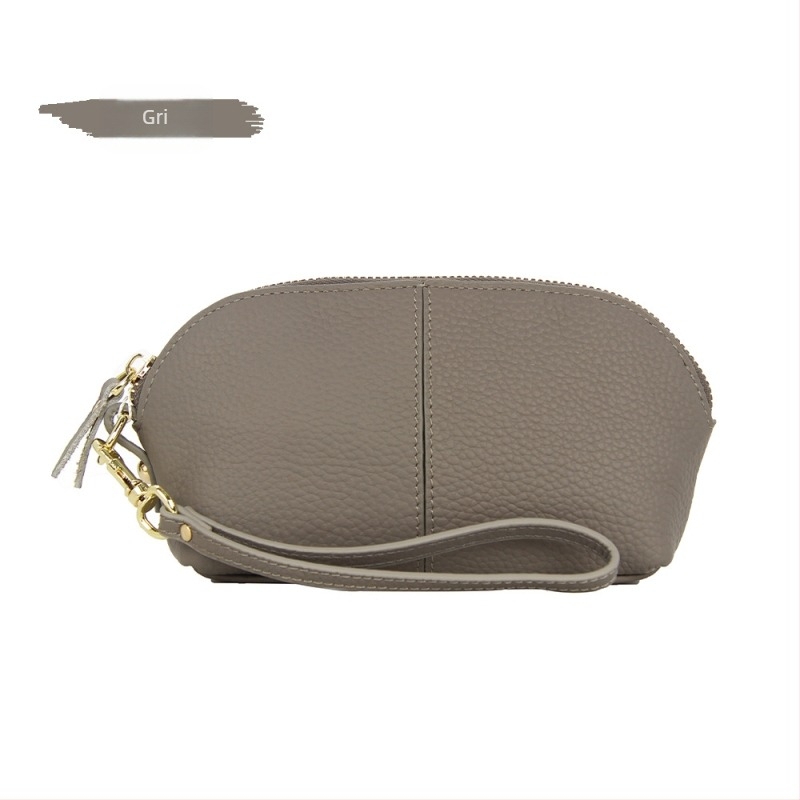 Portofel lung pentru femei din piele naturală, husă tip scoică, închidere cu fermoar, căptușeală poliester, piele din primul strat