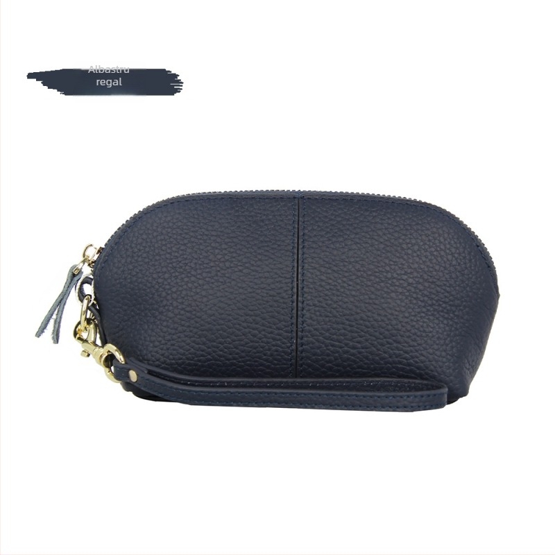 Portofel lung pentru femei din piele naturală, husă tip scoică, închidere cu fermoar, căptușeală poliester, piele din primul strat