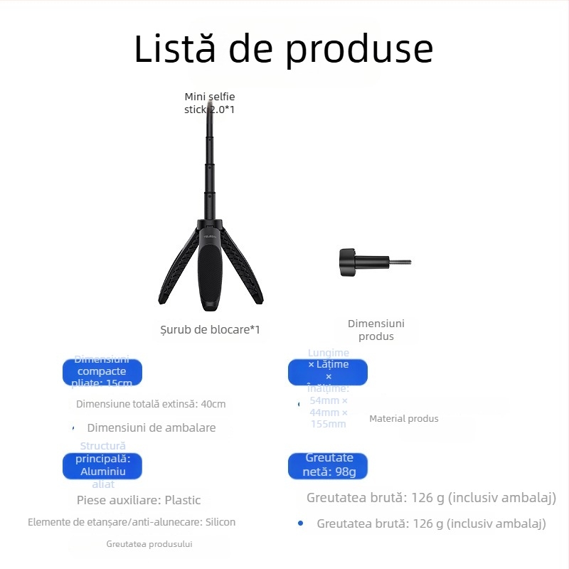 TELESIN Mini Selfie Stick 2.0 Universal, Aluminiu și Plastic, Trepied