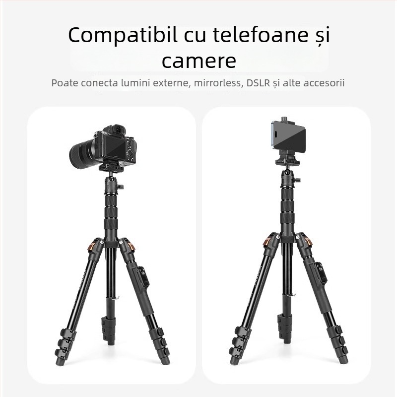 Trepied Yunteng 180 cu cap cu bilă, din aliaj de aluminiu, 4 secțiuni, încărcare 3 kg, compatibil cu Sony ZV-1 și ZV-E10