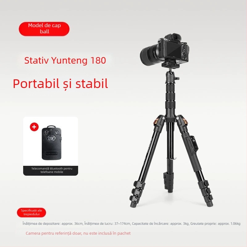 Trepied Yunteng 180 cu cap cu bilă, din aliaj de aluminiu, 4 secțiuni, încărcare 3 kg, compatibil cu Sony ZV-1 și ZV-E10