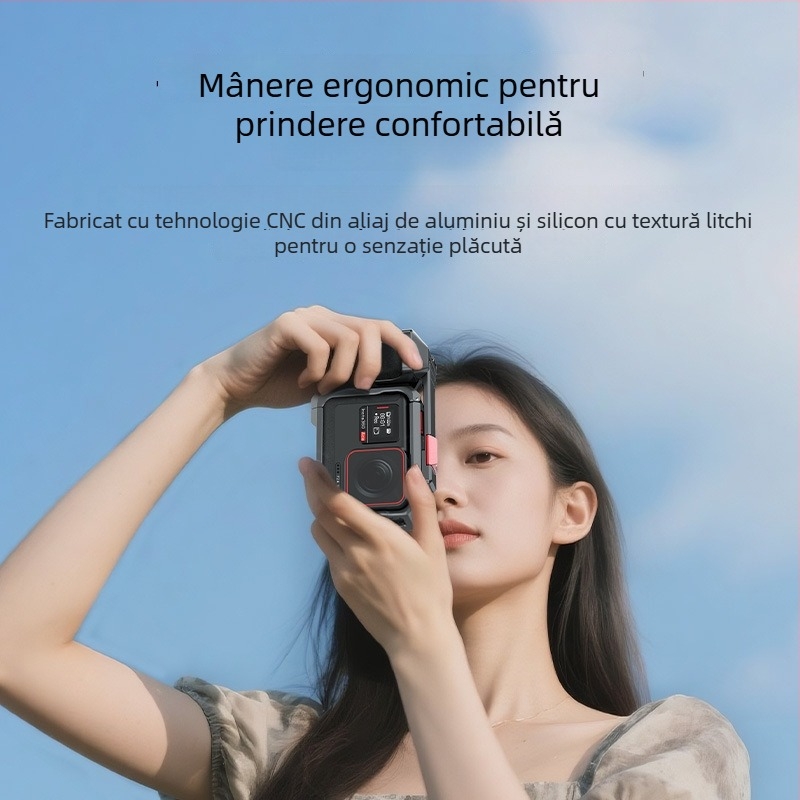 Cage pentru Insta360 Ace Pro2 cu protecție anti-cădere și mâner declanșare | Material: aliaj de aluminiu + silicon | Model: Ace03