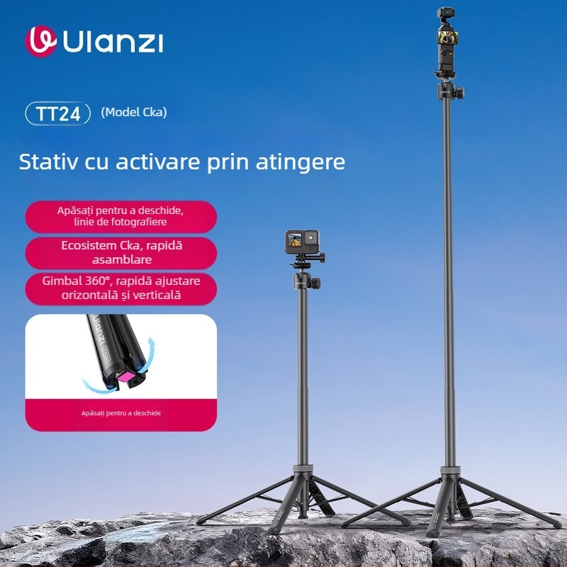 Ulanzi TT24 selfie stick cu design retractabil și placă cu eliberare rapidă, trepied din aluminiu pentru DSLR/Mirrorless/Gimbal/Camere de acțiune