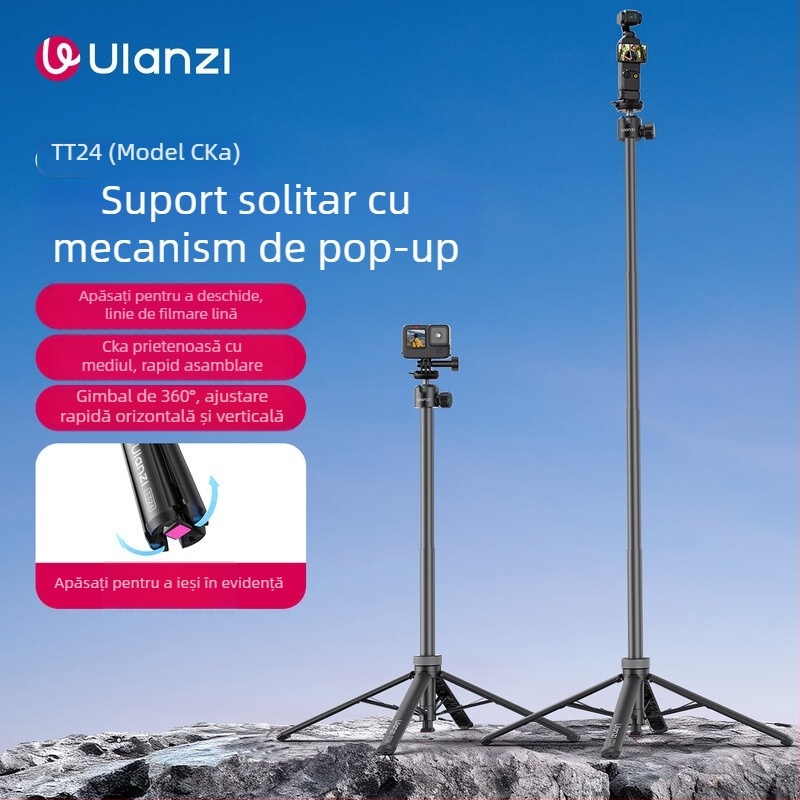 Ulanzi TT24 selfie stick cu design retractabil și placă cu eliberare rapidă, trepied din aluminiu pentru DSLR/Mirrorless/Gimbal/Camere de acțiune