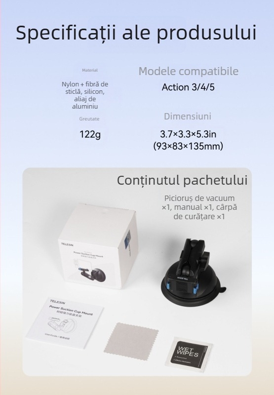 Suport din plastic cu ventuză pentru DJI Action 5 Pro/4 și Osmo 360 – compatibil cu Action 5 Pro/4 și Osmo 360, montaj pe geamul mașinii