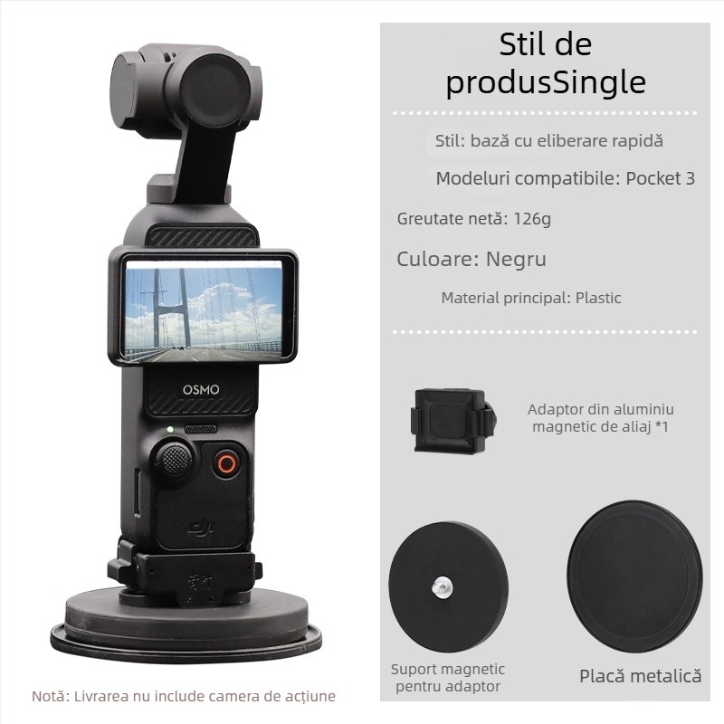 Suport adaptor magnetic de extindere pentru DJI Pocket 3, cu bază de birou cu ventuză auto (Material: aliaj de aluminiu + silicon; Brand: Strange leaves; Compatibil: DJI Pocket 3)