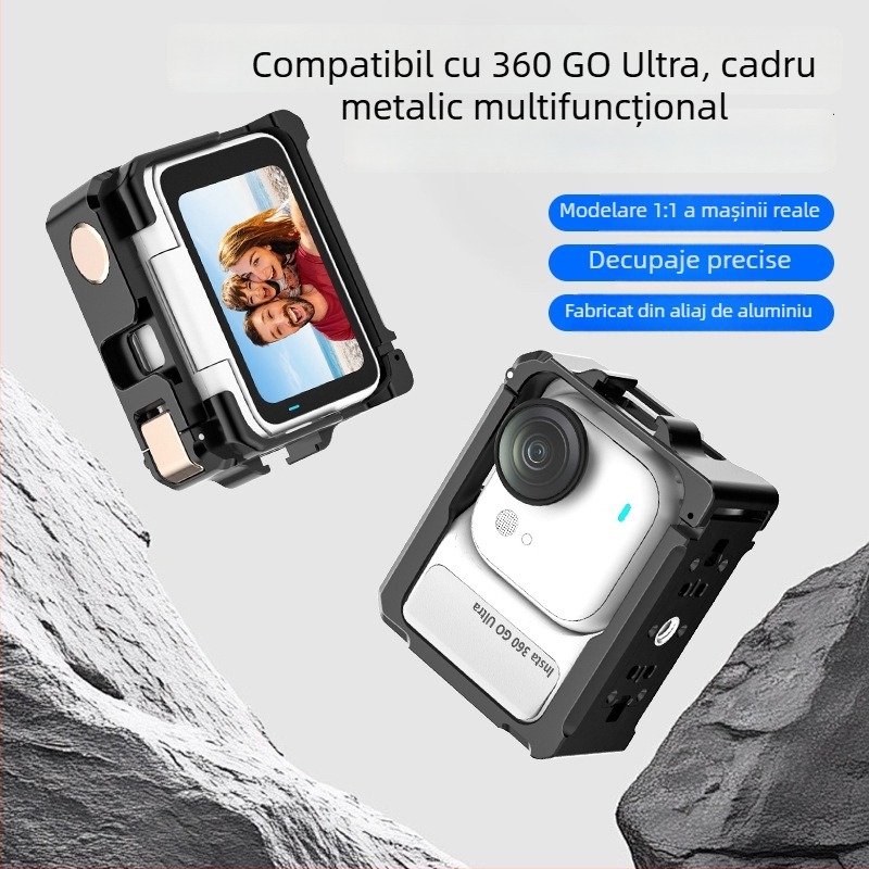 Carcasă de protecție din aliaj de aluminiu pentru Insta360 GO Ultra cu șină Cold Shoe metalică