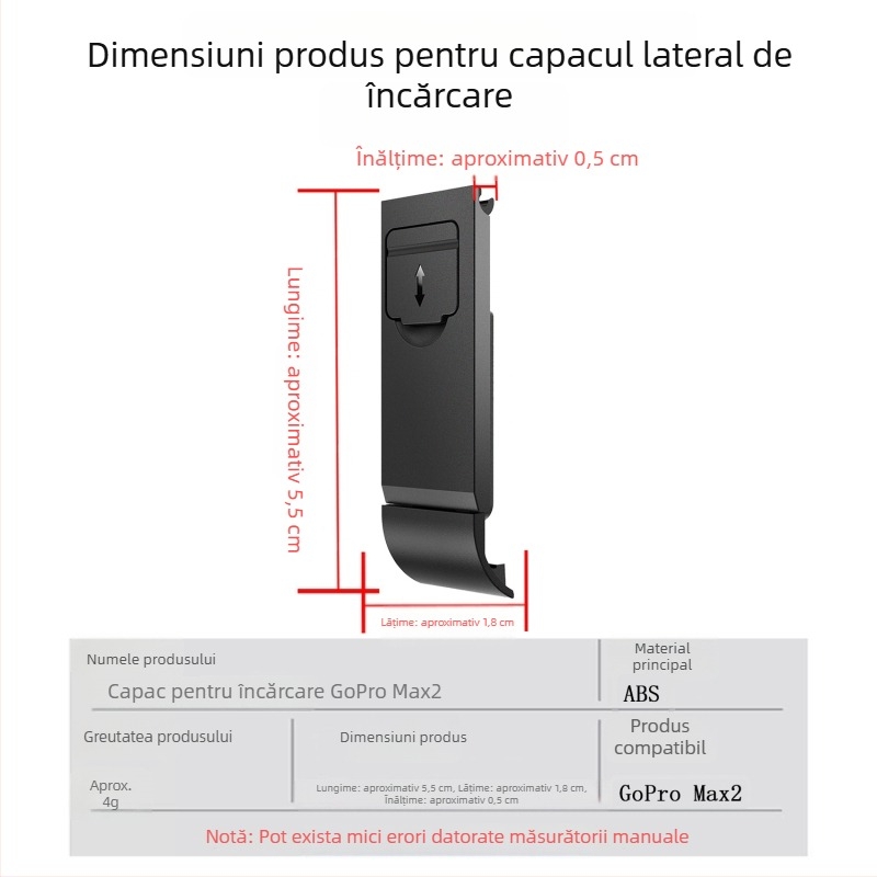 Capac baterie GoPro MAX2, cu deschidere laterală, protecție împotriva prafului și încărcare, silicon+ABS