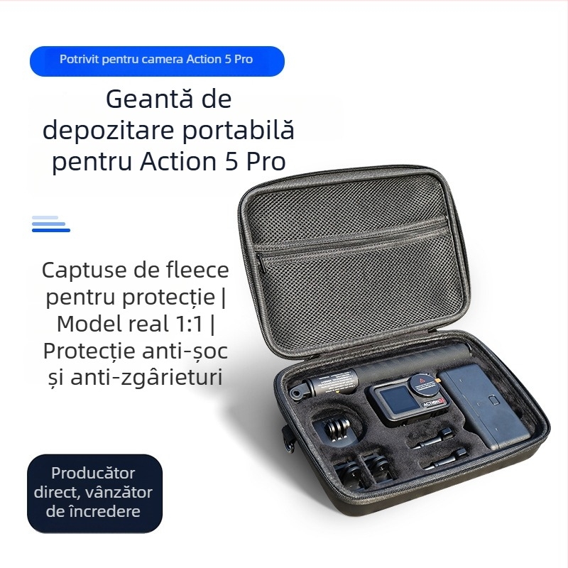 Geantă de depozitare DJI Action 3/4/5 Pro – Material PU, Compatibilă cu Action 3/4/5 Pro, Portabilă, husă multifuncțională pentru camere sportive