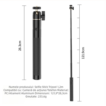 Selfie stick pentru cameră de acțiune, aliaj de aluminiu, telescopic, imprimare de logo disponibilă, include geantă