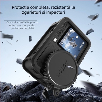 Carcasă de protecție din silicon pentru Osmo Action 6, cu capac de obiectiv și curea de mână – protecție împotriva căderilor și zgârieturi, model OA6-GJT-CY (include carcasă, capac de obiectiv, curea de mână)