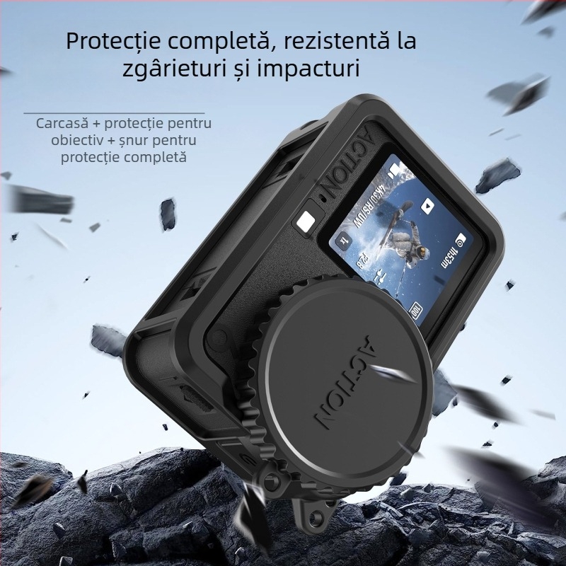 Carcasă de protecție din silicon pentru Osmo Action 6, cu capac de obiectiv și curea de mână – protecție împotriva căderilor și zgârieturi, model OA6-GJT-CY (include carcasă, capac de obiectiv, curea de mână)