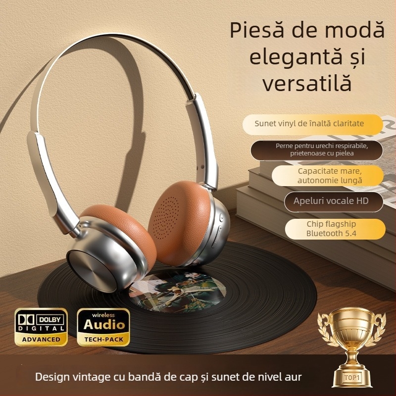 Căști Bluetooth over-ear, corp din aliaj de aluminiu, stil retro, Bluetooth 5.0, rază 10 m, baterie peste 8 ore, IPX4