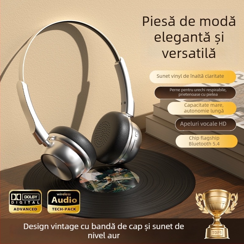 Căști Bluetooth over-ear, corp din aliaj de aluminiu, stil retro, Bluetooth 5.0, rază 10 m, baterie peste 8 ore, IPX4