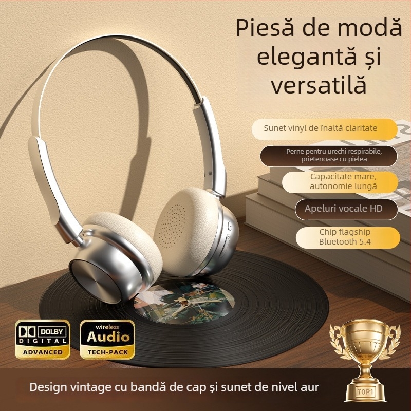 Căști Bluetooth over-ear, corp din aliaj de aluminiu, stil retro, Bluetooth 5.0, rază 10 m, baterie peste 8 ore, IPX4