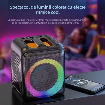 Boxă Bluetooth pentru karaoke cu microfon încorporat — portabilă, Bluetooth 5.0, redare TF/ USB, 60 Hz–15 kHz, putere ≤10W, rază de 10 m, baterie încorporată