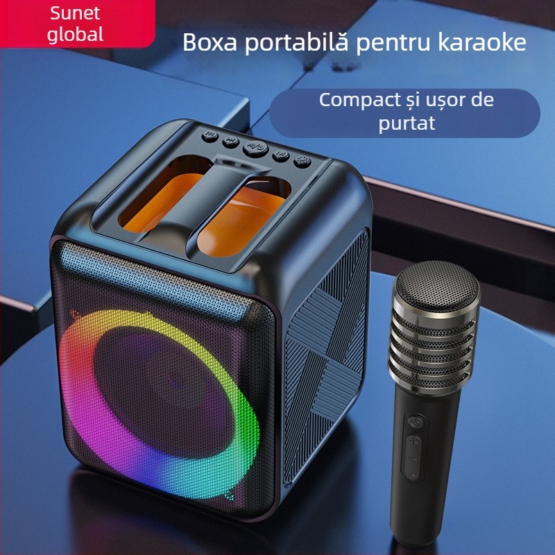 Boxă Bluetooth pentru karaoke cu microfon încorporat — portabilă, Bluetooth 5.0, redare TF/ USB, 60 Hz–15 kHz, putere ≤10W, rază de 10 m, baterie încorporată