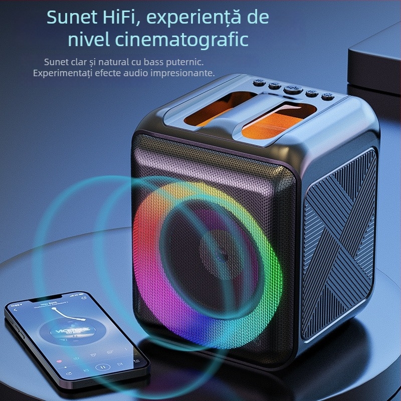 Boxă Bluetooth pentru karaoke cu microfon încorporat — portabilă, Bluetooth 5.0, redare TF/ USB, 60 Hz–15 kHz, putere ≤10W, rază de 10 m, baterie încorporată