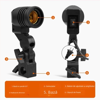 Suport E27 pentru lampă cu orificiu pentru umbrelă de fotografiat, aparat de iluminat cu lumină moale, model E27; tip produs: aparat de iluminat cu lumină moale; compatibil cu umbrele de lumină moale; material plastic; sarcină maximă 2-5 kg