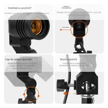 Suport E27 pentru lampă cu orificiu pentru umbrelă de fotografiat, aparat de iluminat cu lumină moale, model E27; tip produs: aparat de iluminat cu lumină moale; compatibil cu umbrele de lumină moale; material plastic; sarcină maximă 2-5 kg
