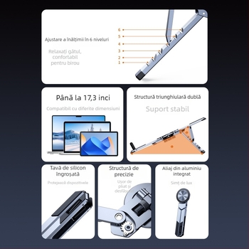 Suport magnetic pentru laptop și telefon, din aliaj de aluminiu, pliabil, model TH-328, compatibil universal, cablu 184 mm