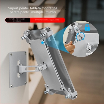 Suport pentru tabletă montat pe perete cu bază metalică rotativă și lacăt – pliabil, protecție împotriva furtului, compatibil cu iPad, iPhone, iPod