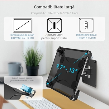 Suport pentru tabletă montat pe perete cu bază metalică rotativă și lacăt – pliabil, protecție împotriva furtului, compatibil cu iPad, iPhone, iPod