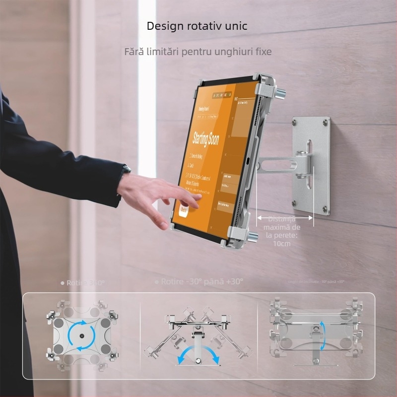 Suport pentru tabletă montat pe perete cu bază metalică rotativă și lacăt – pliabil, protecție împotriva furtului, compatibil cu iPad, iPhone, iPod
