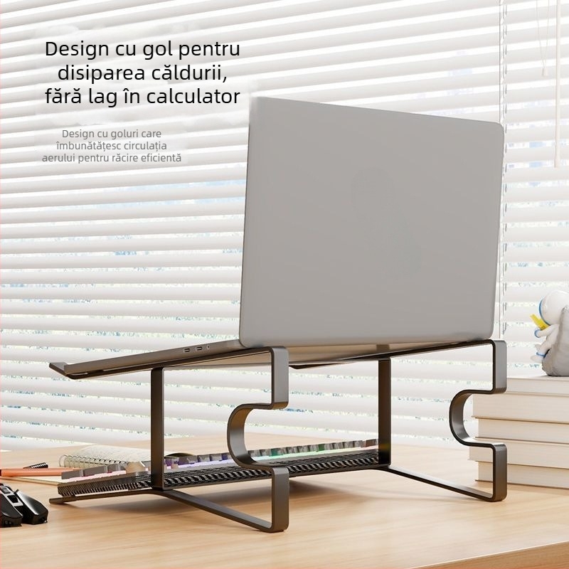 Raft de birou ridicat din oțel carbon, cu suport rotativ pentru tastatură și bază de răcire pentru laptop