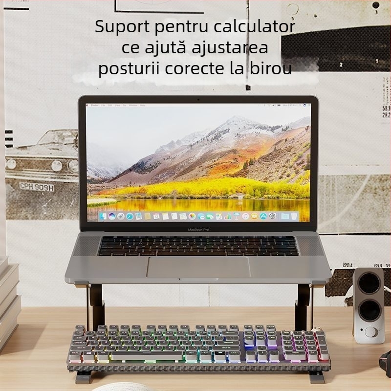 Raft de birou ridicat din oțel carbon, cu suport rotativ pentru tastatură și bază de răcire pentru laptop