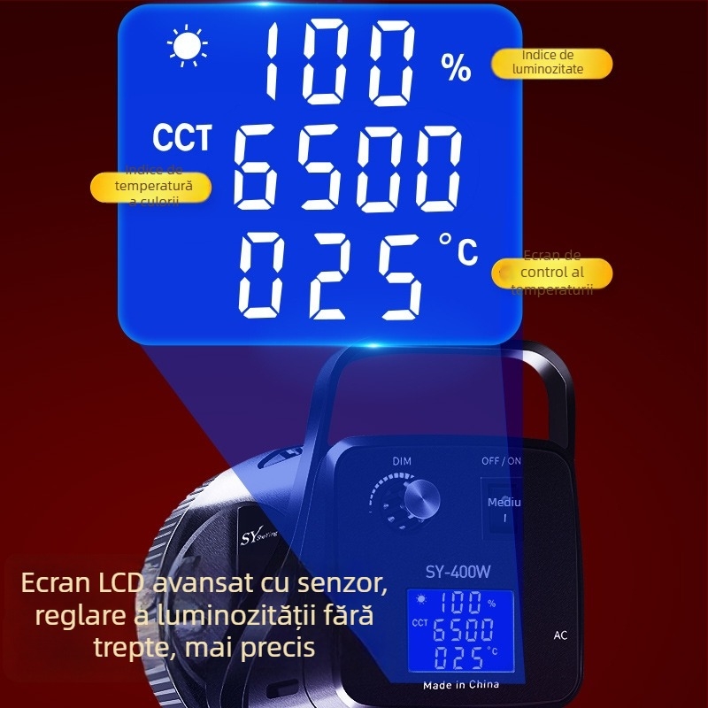 Lumină de umplere pentru live cu COB LED, 107W, 220V, 2700–6500K, reglabilă intensitatea luminii, sursă de alimentare independentă, rază de până la 10 m