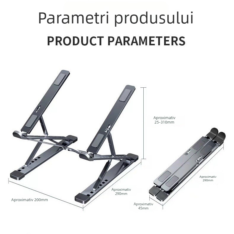 Suport pentru laptop N8 din aluminiu – dublu nivel, pliabil, înălțime reglabilă