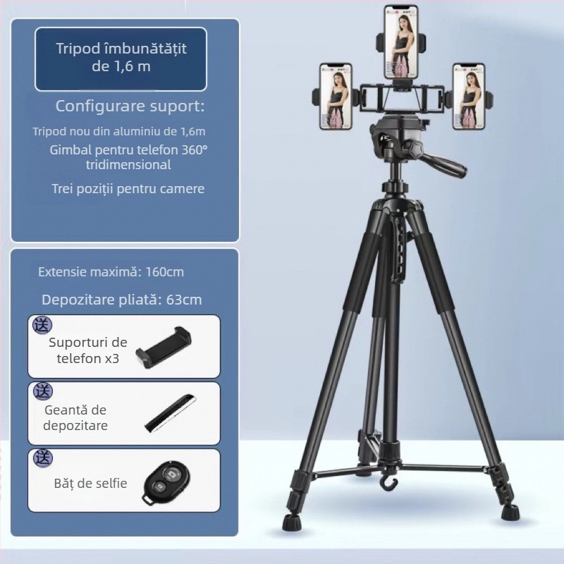 Trepied DSLR/Mirrorless/Telefon cu Ball Head, 5 secțiuni, fibră de carbon