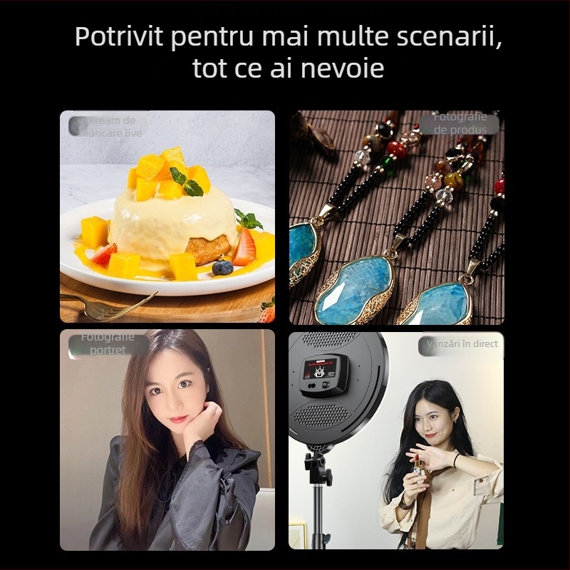 Lumină LED profesională pentru fotografie, cu suport reglabil pentru bijuterii, mâncare și natură statică — 60–62W, 185–245V, reglaj intensitate, temperatură culoare 3000K–6500K (±300K), rază 5 m
