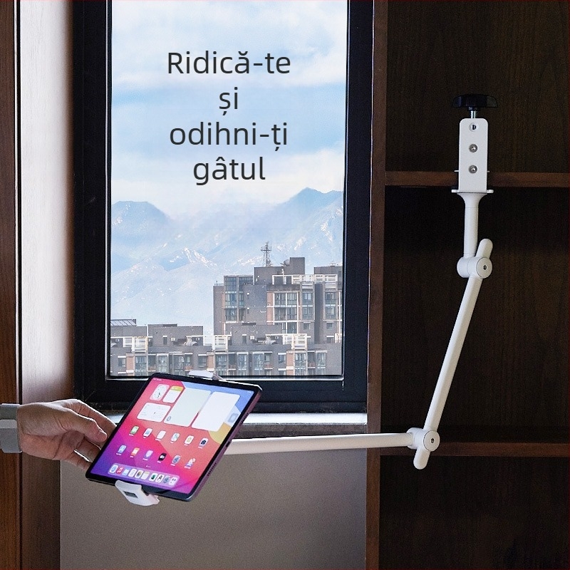 Suport de birou cu clemă pentru telefon și tabletă, cu trei brațe, suspensie reglabilă, lungime ajustabilă, cap universal cu articulație sferică
