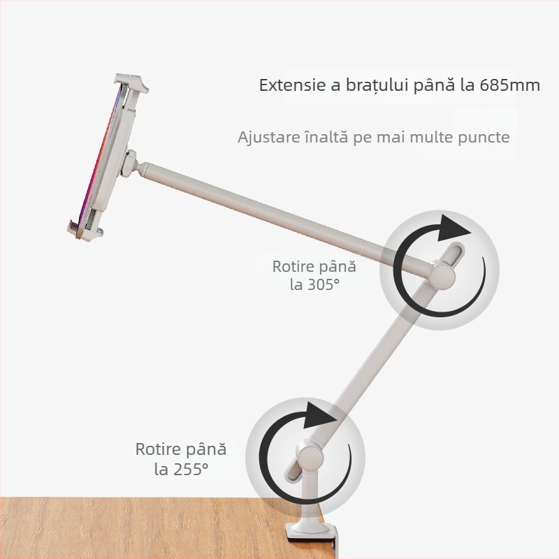 Suport de birou cu clemă pentru telefon și tabletă, cu trei brațe, suspensie reglabilă, lungime ajustabilă, cap universal cu articulație sferică