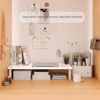 Suport dublu-etaj pentru înălțarea calculatorului și a monitorului, cu poliță de extindere a decalajului între birou — stil modern minimalist, depozitare pentru călătorii