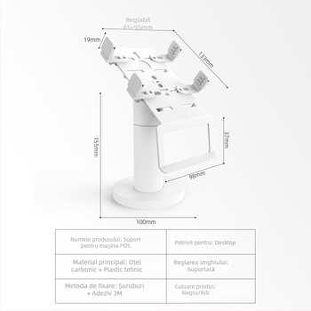 Suport POS pentru cititor de carduri și scanner — suport rotativ reglabil, model P01, material plastic + metal, 0,5 kg, montaj la birou
